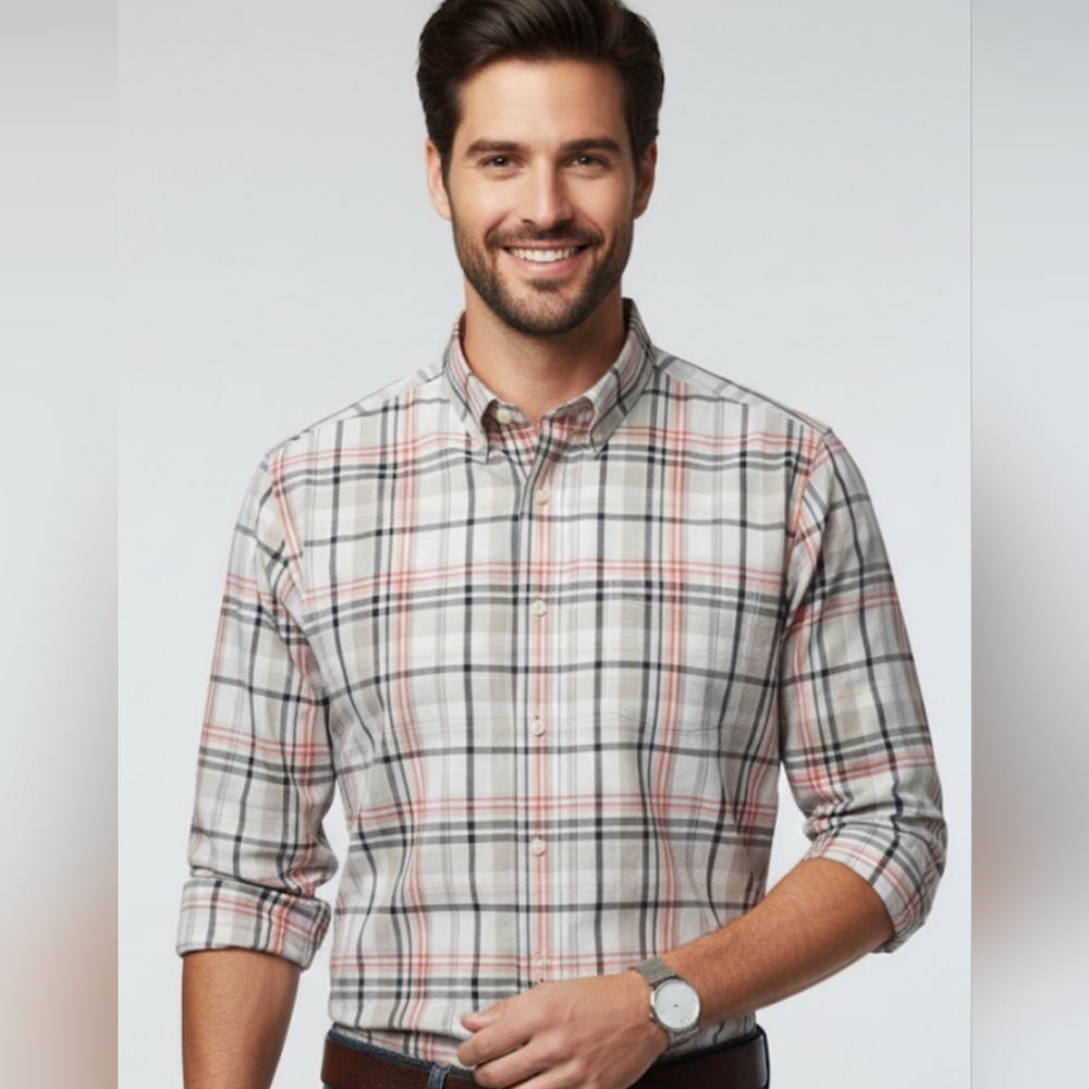 ​Van Heusen Studio Slim Fit XL Plaid Button Down Shirt Grey Orange White